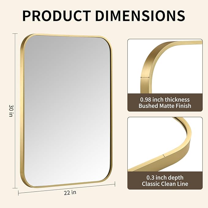 Gold Bathroom Mirror, 22x30 Inch Aluminum Frame Rectangle Mirror, Anti-Rust, Tempered Glass, Wall Mirror for Over Sink, Vanity, Bedroom, Entryway, Horizontal/Vertical