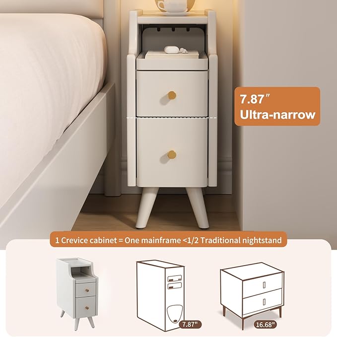 Narrow Nightstand with Drawers, Wood Bedside Table, Small White Nightstand Set of 2