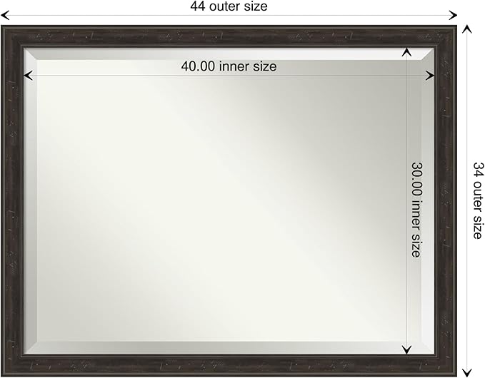 Amanti Art Brown Bathroom Mirror for Over Sink, 34x44 Shipwreck Greywash Narrow Rectangle Vanity Mirror, X-Large Traditional Frame, Hangs Horizonally and Vertically, Bathroom Wall Decor, Beveled Edge