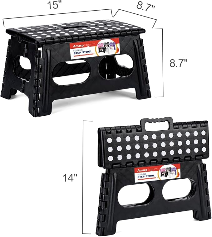ACSTEP Foldable Step Stool for Kids and Adults,15-Inch Extra Wide 9-Inch Height Step Stool(2 Pack) More Safe and Comfortable Holds Up to 300 lbs Folding Step Stool for Bathroom, Garden, Kitchen（Black）