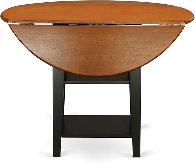 East West Furniture SUAN3-BCH-C 3 Piece Dining Room Table Set Contains a Round Kitchen Table with Dropleaf & Shelves and 2 Linen Fabric Upholstered Chairs, 42x42 Inch, Black & Cherry