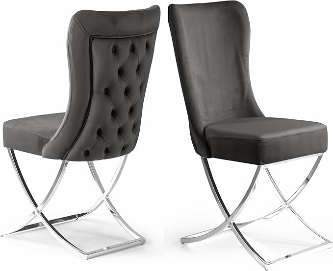 Ottomanson Royal Dining Chairs Set of 6 – Upholstered Tufted Microfiber, Assembled, Silver Metal Legs, Beech Wood Frame, 350 lb Capacity, Gray