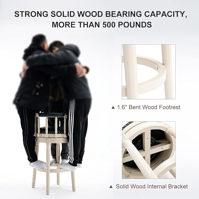 Cow top Leather Wooden Bar Stools, 360 Degree Swivel Bar Height Chair with Backs for Home Kitchen Counter, Morden Chair Barstools (Ivory Wood 2pcs-Cream Seat, Bar Height-Seat Height 29.5”)