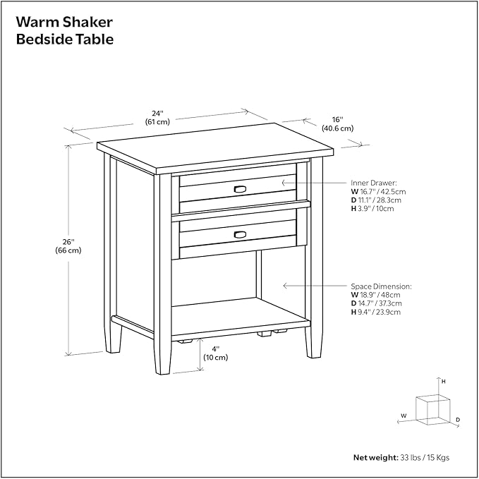 SIMPLIHOME Warm Shaker SOLID WOOD 24 inch Wide Transitional Bedside Nightstand Table in Light Golden Brown for the Living Room and Bedroom