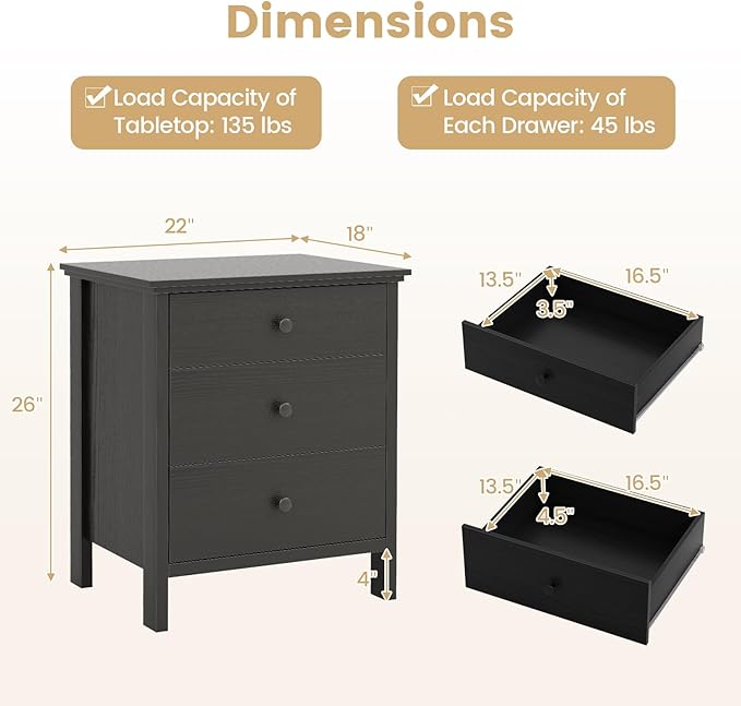 KOMFOTT 3 Drawers Nightstand, Wooden Bedside Table, Modern Sofa Side End Table, Space-Saving Telephone Table, Chest of Drawers for Living Room, Bedroom & Office (1, Black)