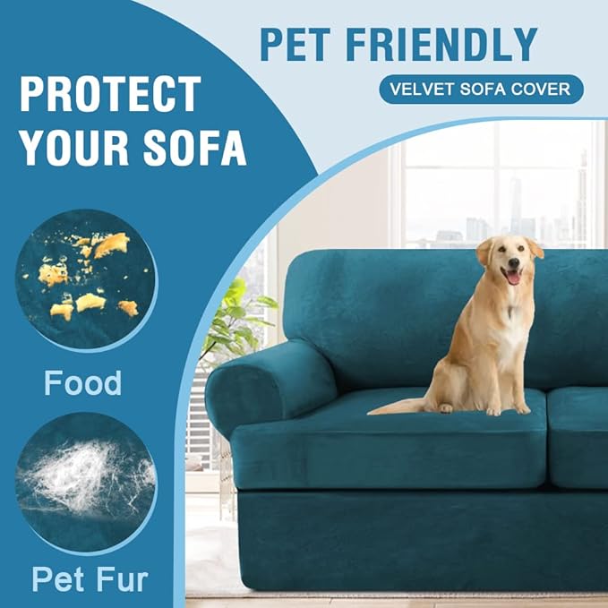 H.VERSAILTEX Sofa Cover 3 Piece T Cushion Sofa Slipcovers Thick Velvet Couch Cover Furniture Protector Stretch T Cushion Sofa Covers for 2 Cushion Couch with 2 Individual T Cushion Covers, Deep Teal
