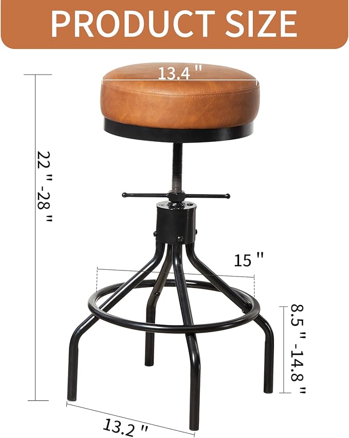 Industrial Bar Stools Set of 3 Adjustable Swivel Barstools Modern PU Leather 28inch Round Backless Counter Height Stool Metal Bar Chair for Kitchen Island (3, Brown)
