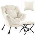 Large Lazy Chair with Ottoman, Accent Reading Chair with a Throw Pillow, Cozy Lounge Chair with Armrest, Leisure Sofa Chair for Living Room, Bedroom, Dorm, Plush Ivory
