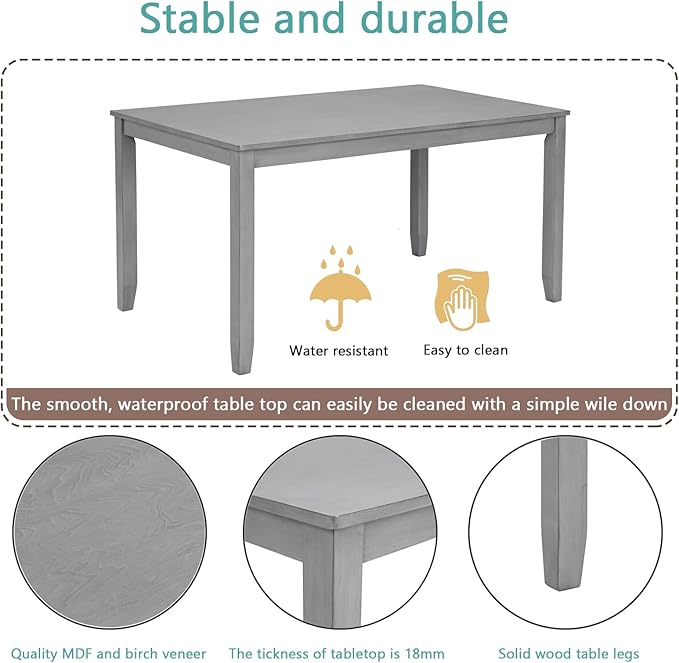 soges 6 Piece Kitchen Dining Table Set, Rectangular Wooden Dining Table with 4 Upholstered Chairs and a Bench for 6 People, Living Room, Home and Kitchen, Grey