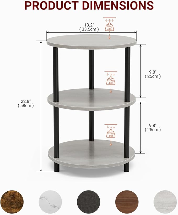Small Round End Table - 3 Tier Design Accent Table, Narrow Side or Bedside Stand, Industrial Vintage Nightstand for Bedroom, Living Room, or Small Spaces, Greige
