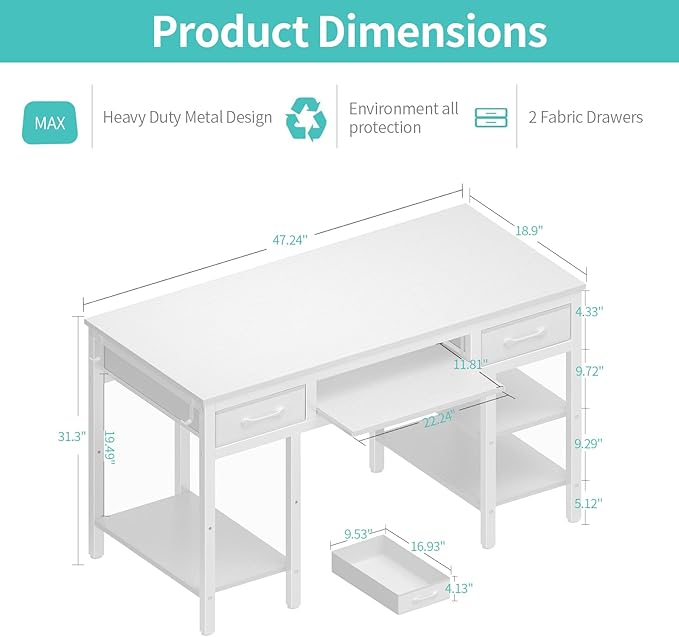 Lufeiya White Desk with Keyboard Tray Slide Out, 47 Inch Home Office Computer Desks with Fabric Drawers & Storage Shelves, Modern Simple Study Writing Table PC Desks for Bedroom, White