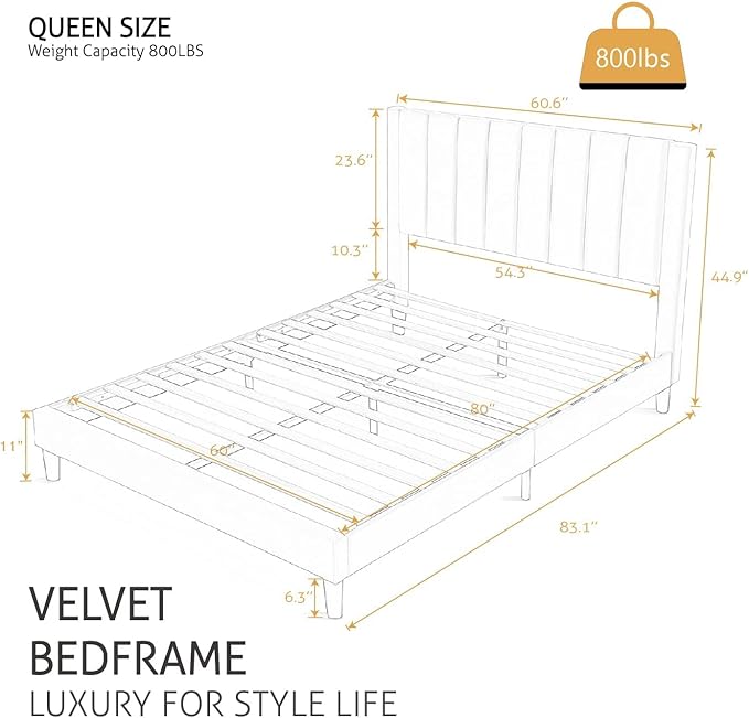 SHA CERLIN Queen Bed Frame/Velvet Upholstered Platform Bed Frame with Headboard/Strong Wood Slats Support/Mattress Foundation/No Box Spring Needed - Dark Blue