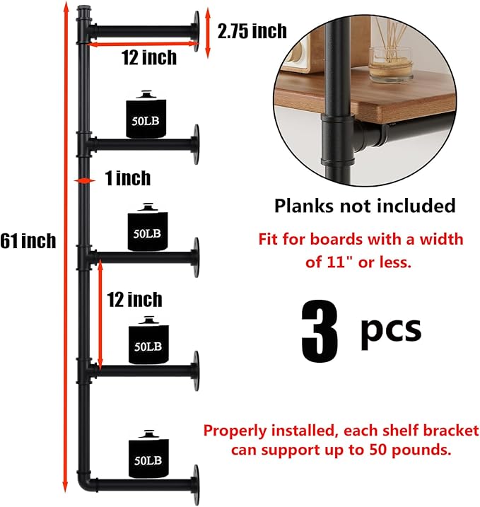 Industrial Pipe Shelf Brackets Wall Mount, Open Black Pipe Shelving for Kitchen,Floating Shelf Brackets Mount,Open Bookshelf Brackets for Shelves,Wall Shelves 12 Inch Deep,(2PcsX3Tier,61" Tall)