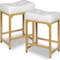 Bar Stools Set of 2, Counter Height Bar Stools for Kitchen Island, 24 Inch Modern White & Gold Saddle Backless Barstools, Counter Stool with Metal Base & Thick Saddle Seats(White+Gold)