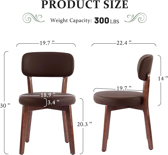 Furniliving Wooden Dining Chairs Set of 6, Mid-Century Modern Leather Upholstered Kitchen Chair with Solid Oak Wood, Farmhouse Dining Room Chairs, Brown