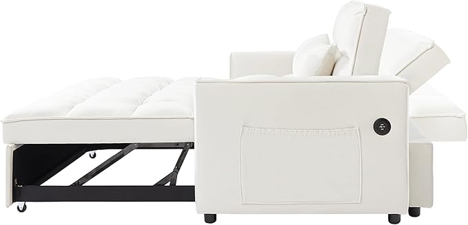 ERYE 64" W Full Size 3 in 1 Convertible Sleeper Sofabed W/Cupholders and USB Ports, Modern Velvet Upholstered Loveseat Sofa with Pull Out Sleep Couch Bed and Reclining Backrest for Home Apartment RV