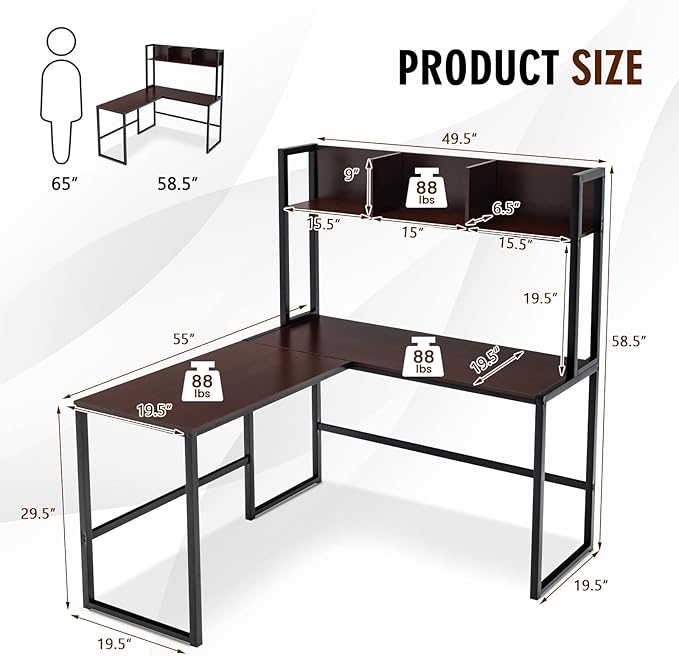 Tangkula Reversible L-Shaped Desk with Hutch, Space Saving Corner Computer Desk with Storage Shelves, Home Office Study Writing Desk Computer Workstation with Storage Bookshelf, Gaming Desk
