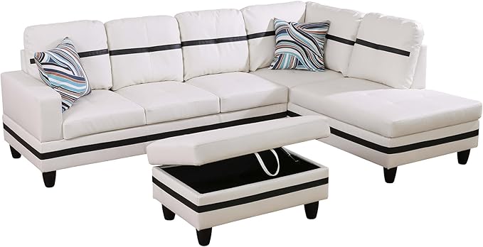 Couches for Living Room PU Leather L Shaped Couch Comfy 3 Pieces Sectional Sofa with Chaise, Ottoman with Storage for Office and Small Apartment, White and Black