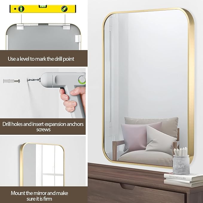 Gold Bathroom Mirror, 48x30 Inch Brushed Gold Mirror, Aluminum Alloy Framed Rectangle Bathroom Mirror for Over Sink, Anti-Rust Wall Mirror (Horizontally or Vertically)