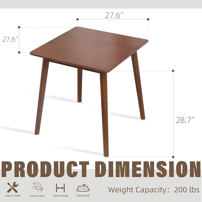 OGMILL 27.6" Small Dining Table Square for 2, Kitchen Dinner Table Rustic Space-Saving Dining Table Mid Century Modern Table with Solid Wood Leg for Small Spaces (Walnut)