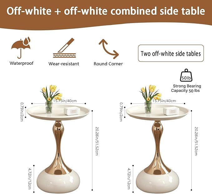 Modern Round Side Table with Gold Pedestal Base, Black Metal Top, Accent End Table for Living Room (Cream White+Cream White)