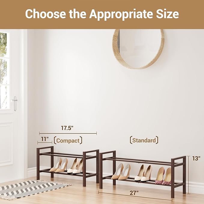 Haddockway Bamboo Shoe Rack for Closet, Free Standing Shoe Organizer with Smooth Round Rods & Convenient Handles, Stackable Shoe Storage Shelf for Entryway, Hallway(Brown, 2-Tier(Small))