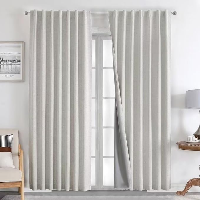 Joydeco Natural Linen Curtains 108 inch Length 2 Panels Set Burg 100% Blackout Patio Door Curtain Room Darkening Sliding Door Curtains Thermal Insulated Back tab Rod Pocket(105x108 inch, White)