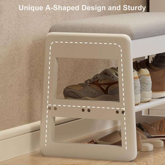 Shoe Rack Bench with Cushion,2 Tiers Shoe Bench with Flip-Top Storage,Wood Shoe Rack for Entryway,Hallway（White,31.5"）