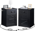 SOOWERY Nightstands Set of 2, Nightstand with Charging Station, Farmhouse End Table with Barn Door and Drawer, Rustic Wood Sofa Side Table for Bedroom, Living Room, Black