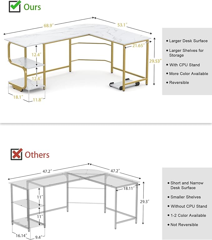 Teraves Reversible L Shaped Desk with Large Surface, 69 Inch Sturdy Corner Desk with Storage Shelves, Premium Office Computer Desk Workstation for Home Office Gaming