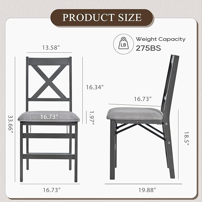 COLAMY Folding Dining Chairs Set of 2, Foldable Chairs with Padded Seats, Wood Folding Dining Room Chairs for Kitchen, Party, Camping, Dark Grey