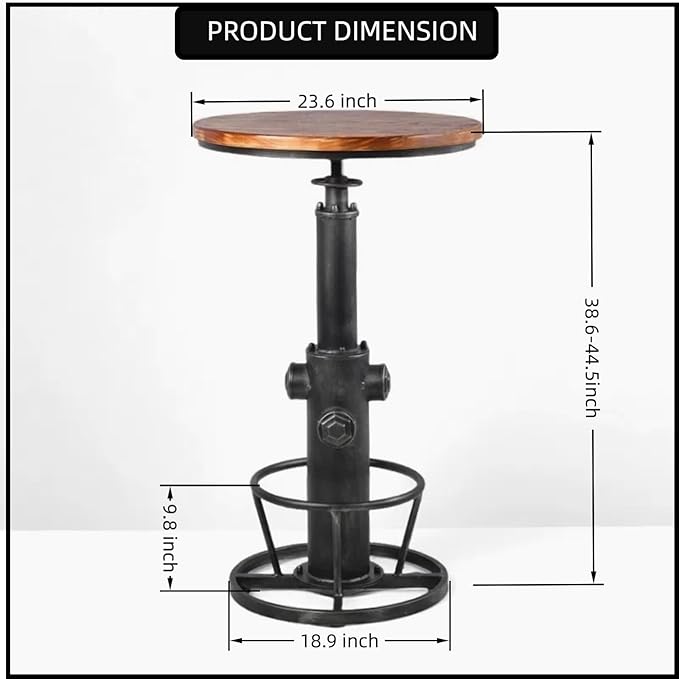 Industrial Bistro Bar Table 38.6-44.4inch Height Adjustable Farmhouse Pub Table for Kitchen Dinning Room Office Swivel Wooden Top