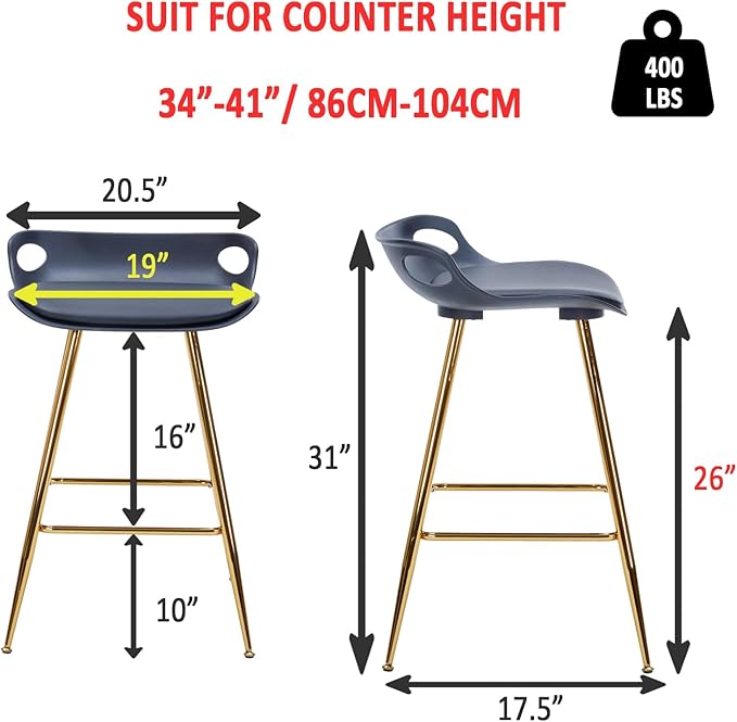 Sidanli Black Bar Stools, Barstool Set of 2, Counter Height Chairs with Gold Metal Legs, Island Chairs with Leather Cushion Seats & Footrests, 26” Bar Stools for Kitchen Island, Home Bar