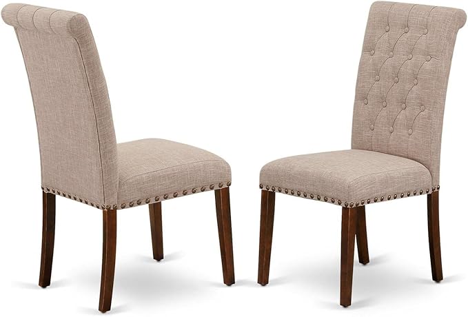 East West Furniture DLBR3-MAH-04 3 Piece Dining Room Furniture Set Contains a Round Dining Table with Dropleaf and 2 Light Tan Linen Fabric Parsons Chairs, 42x42 Inch, Mahogany