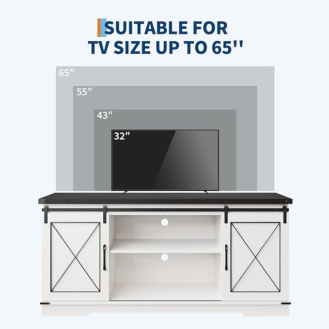 GarveeHome Farmhouse TV Stand for TV up to 65 Inches and Entertainment Center with Sliding Barn Doors and Adjustable Shelf, Tv Media Console Table with Storage Cabinet for Living Room, Bedroom, White