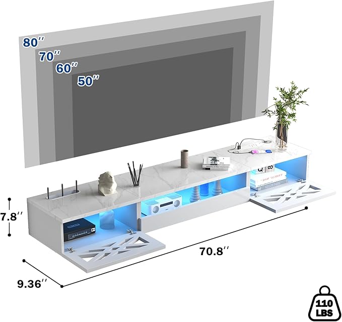 Floating TV Stand, 71" Floating Entertainment Center Wall Mounted,Floating Wall Mounted TV Shelf with Led Lights and Power Outlet,Modern High Gloss tv Cabinet Media Console with Storage