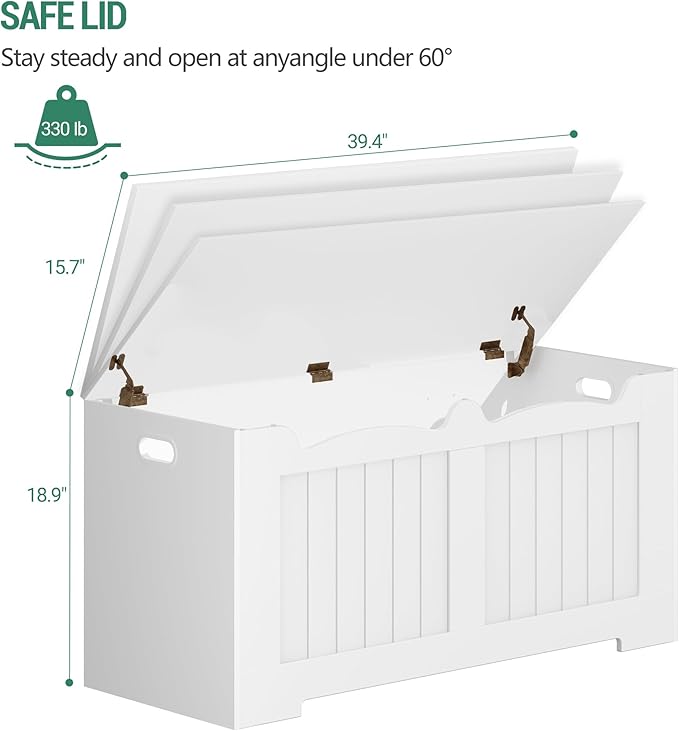 39.4" Storage Chest, Storage Bench Trunk with 2 Safety Hinges, Wooden Box, Lift-Top Chest Organizer, Shoe Bench for Entryway, Bedroom, Living Room, White 01003XSB