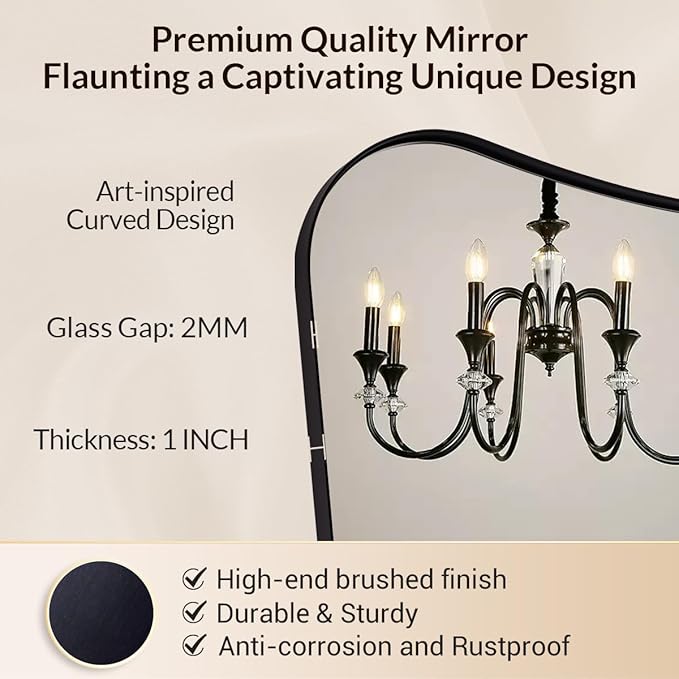 24x40 Black Mirror, Irregular Shaped Mirror with Curved Edge Design, Asymmetrical Bathroom Mirror, Wall Mounted Decorative Mirror for Powder Room, Foyer, Master Room, Hangs Vertical Only