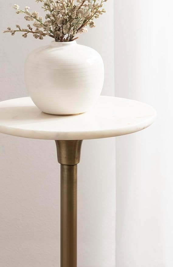 Kate and Laurel Nisha Traditional Marble Round Drink Table, 10 x 10 x 22, White Marble, Antique Brass, and Dark Brown, Vintage Mango Wood Circle Mini Table for Use as Plant Stand or Living Room Decor