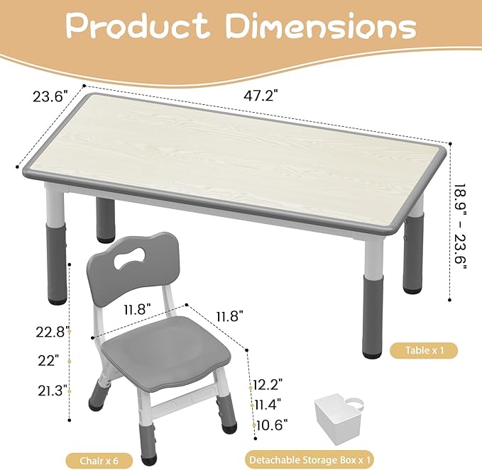 GarveeHome Kids Table and 6 Chairs Set, Height Adjustable Toddler Table and Chair Set, Graffiti Desktop, Children Study Play Dinner Table for Home Daycare Preschool for Ages 2-8, Grey