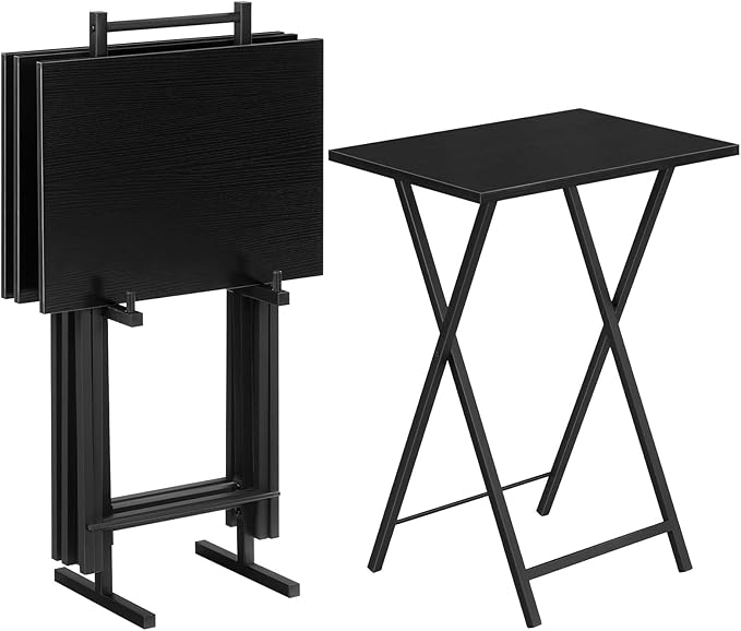 HOOBRO Folding TV Tray Tables, Set of 4 TV Trays with Storage Rack, Industrial Side Table for Eating at Couch, Foldable Snack Table for Small Space, Easy Assembly, Black BK50BZ01