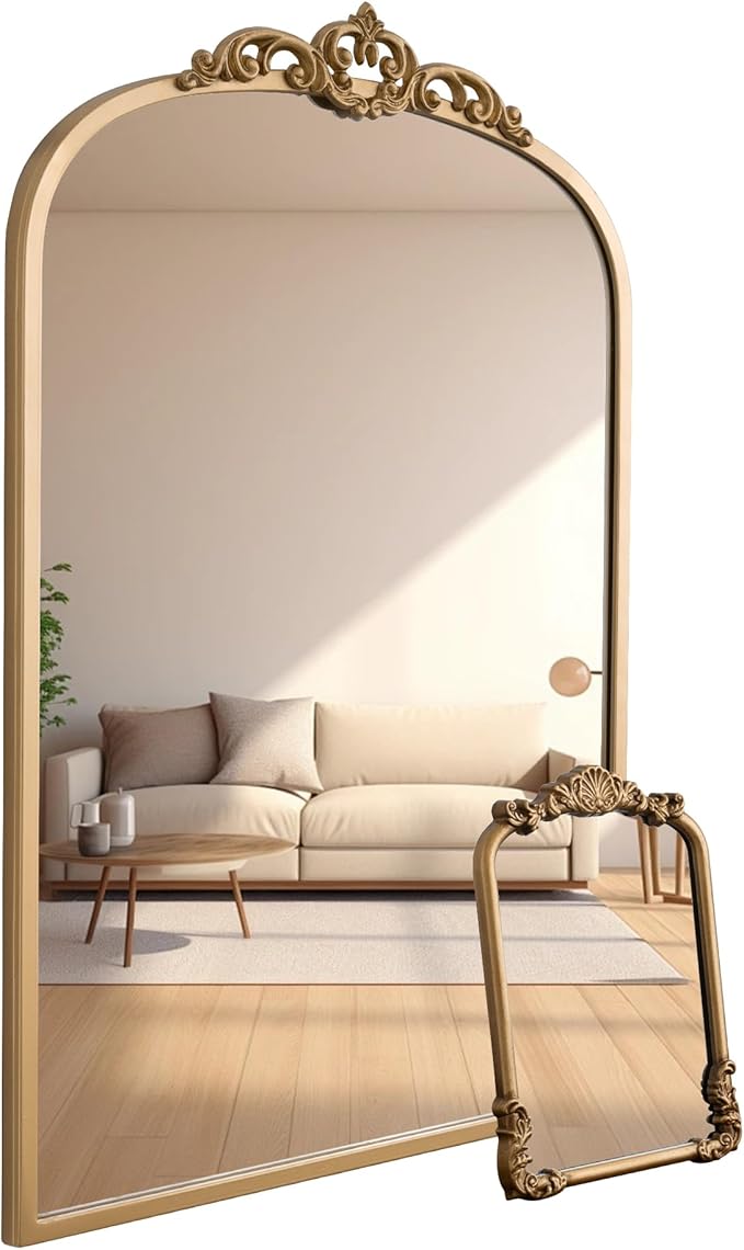 1 Set Vintage Mirror 20x30 Gold Antique Baroque Arched Ornate Traditional Brass Mirror and 8.5x12 Vintage Vanity Makeup Desk Table Mirror for Bathroom Entryway Living Room Hallway Fireplace