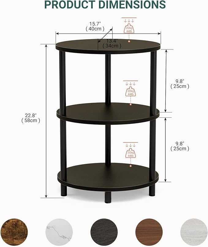 Small Round Side Table - 3-Tier Oval Accent Table for Small Spaces, Rustic Wood and Metal Couch End Table, Nightstand for Bedroom or End Table Living Room, Easy to Assemble, Charcoal Wenge