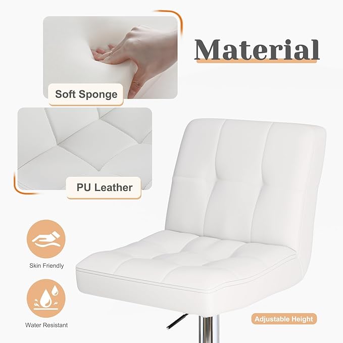 Sweetcrispy Bar Stools Set of 2, Armless PU Leather Adjustable Swivel Barstools, Hydraulic Kitchen Counter Height Thickened Seat Cushion Square Island Countertop Chairs with Back - White