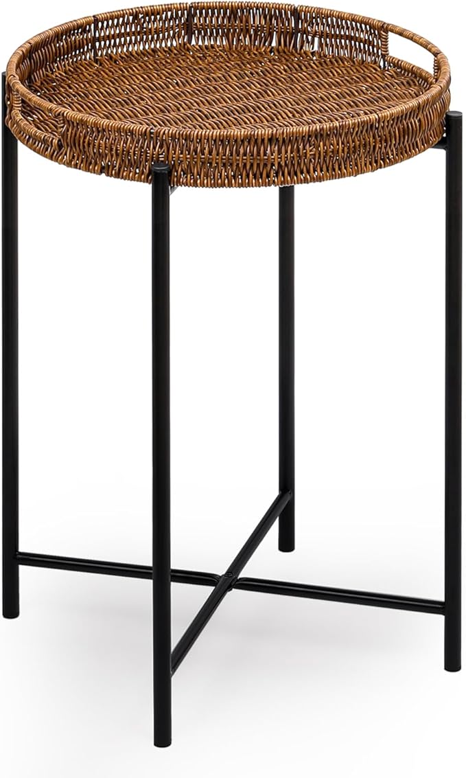 Small Wicker Round End Table, 16.5 in Rattan End Tables with Removable Tray, Waterproof Sofa Coffee Side Table, Indoor Outdoor Side Tables for Patio, Living Room Bedroom Office