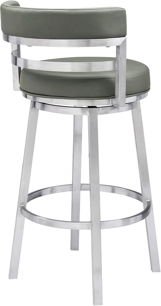 Armen Living Titana 26" Counter Height Swivel Grey Faux Leather and Brushed Stainless Steel Bar Stool