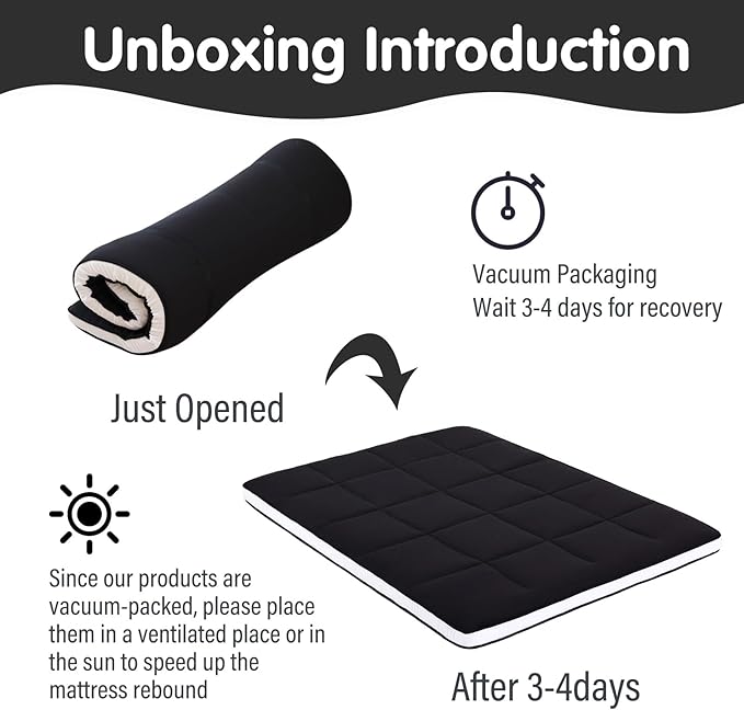 Tiita Floor Mattress Memory Foam Mattress Topper, 4" Thicken Futon Mattress with Storage Bag and 2 Straps, Portable Roll Up Travel Car Camping Mattress Sleeping Pad Full Size, Black