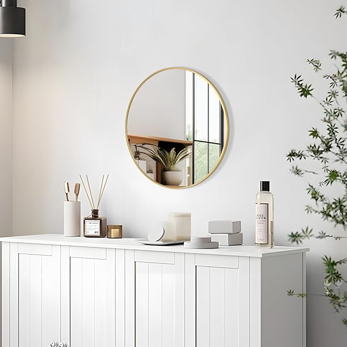 12 Inch Gold Round Bathroom Mirror Circle Wall Mirrors Brushed Metal Frame Anti-Rust Tempered Glass Mirror for Bathroom Bedroom Entryway Living Room