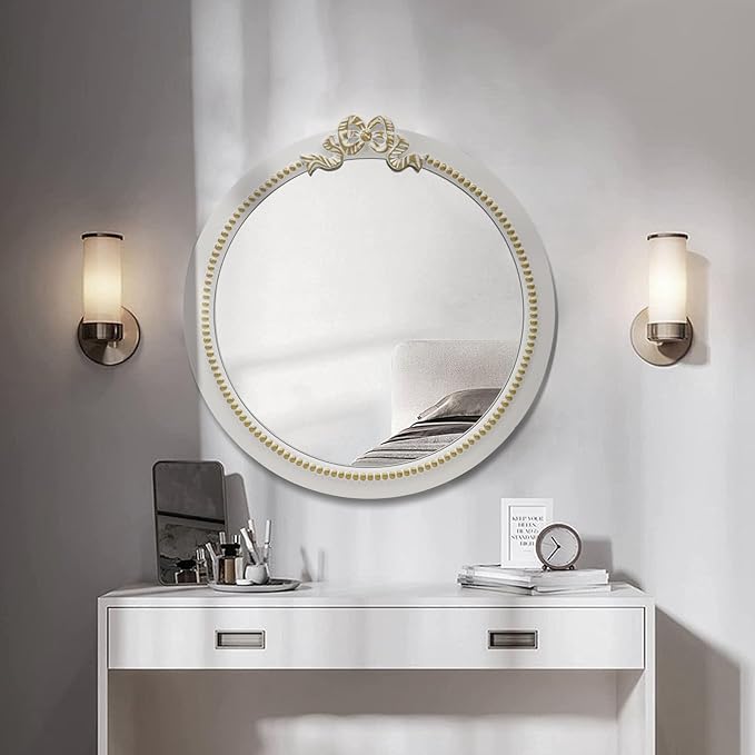 Vintage Round Wall Mirror 20inch Farmhouse Wooden Vanity Mirror for Wall Decor, Decorative Antique White Bathroom Mirrors, Traditional Art Home Bow Decor for Dressing Table, Living Room or Bedroom