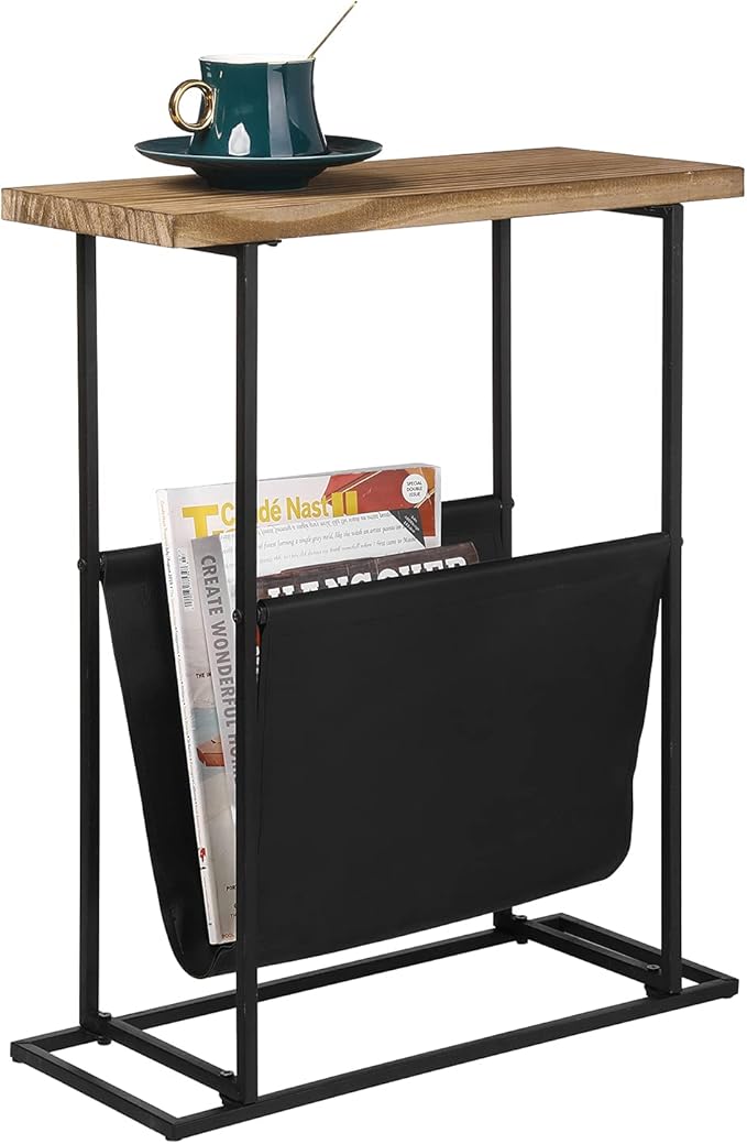 MyGift 21-Inch Modern Narrow Living Room End Table with Solid Burnt Wood Tabletop and Black Metal Frame, Bedroom Nightstand Side Table with Magazine Holder Sling